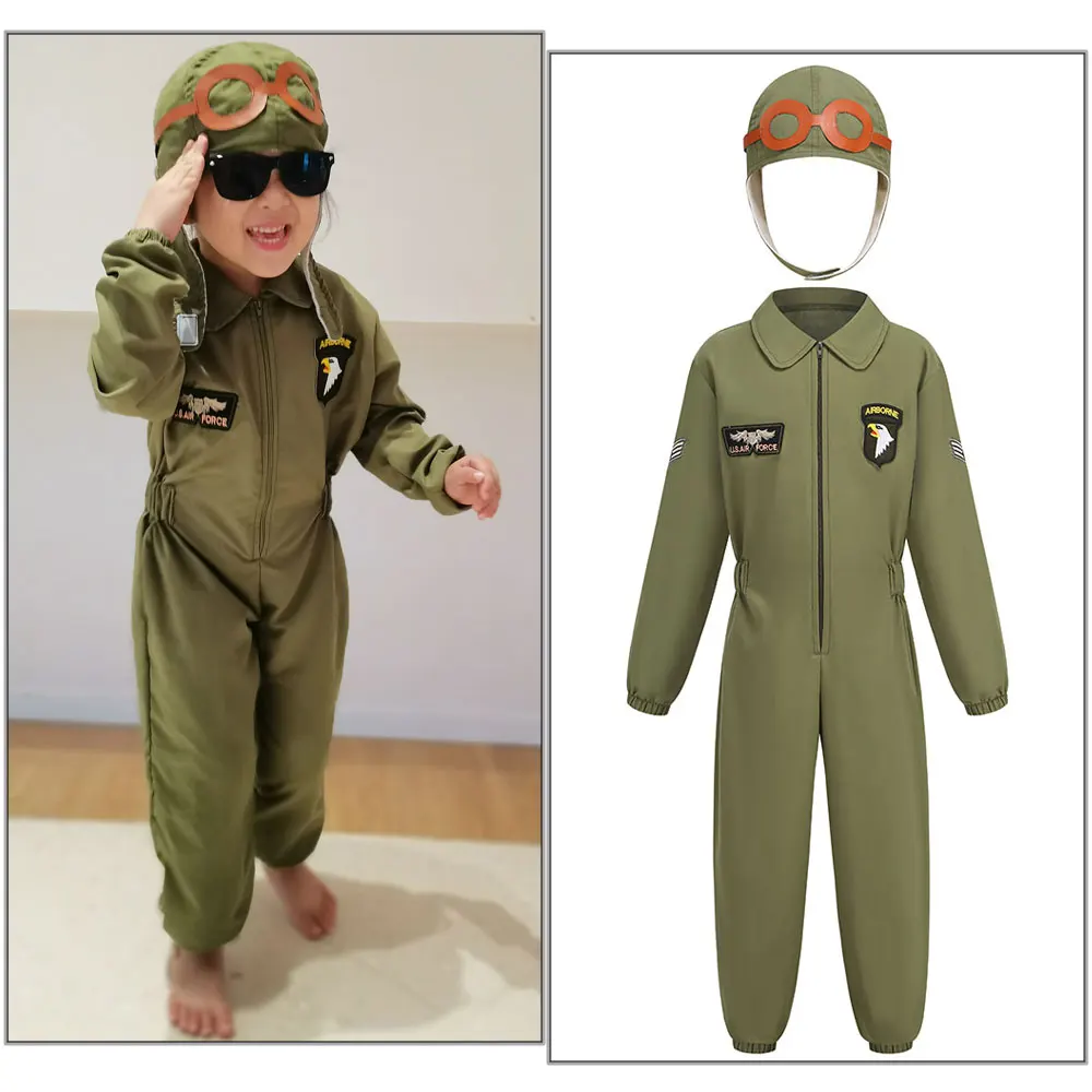 

Halloween Carnival Cosplay Occupational Kids Party Dress up Outfit Christmas Baby Boys Air Force Pilot Costume Set with Hat