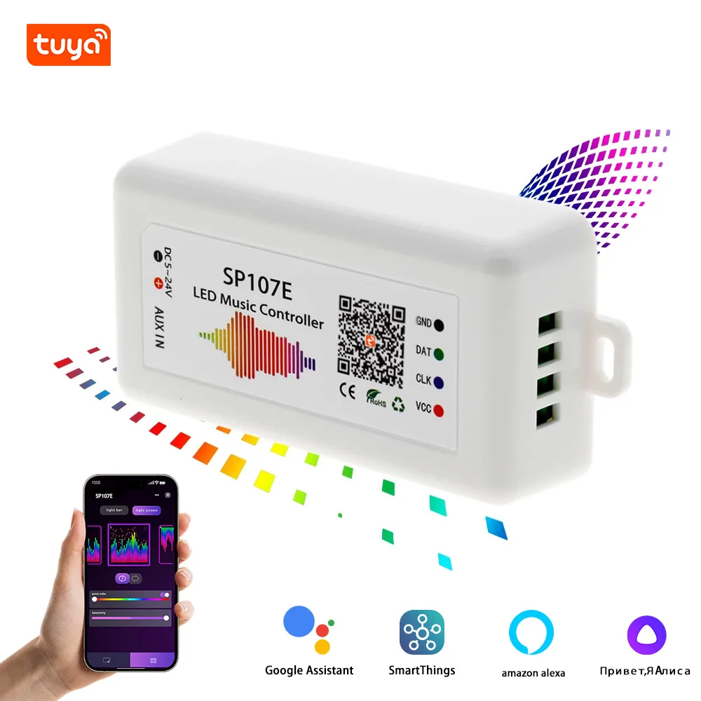 Kontroler adresowalny SPI do taśm LED RGBIC Ws2812 2811, DC5V24V, Bluetooth, WIFI, Zigbee, Muzyka, Sp107E, Aplikacja Tuya Smart