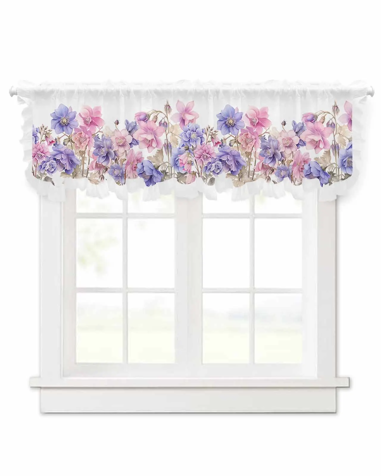 Spring Flower Watercolor Countryside Short Tulle Half Curtains for Living Room Kitchen Door Cafe Window Sheer Valance Drapes