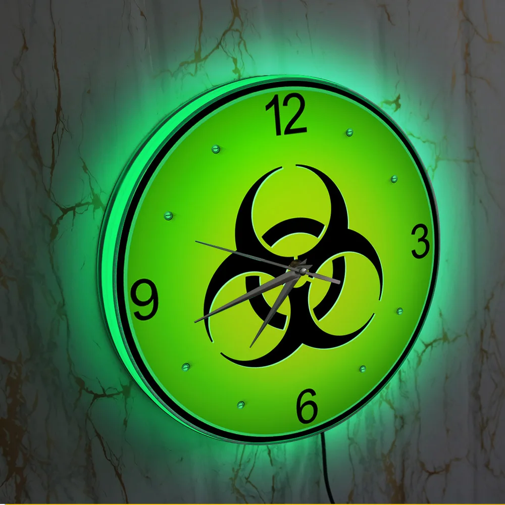 Biohazard Symbol LED Backlit Wall Clock For Lab Medical Fallout Sign Hazard Toxic Danger Warn Luminous Clock Bedside Wall Lamp