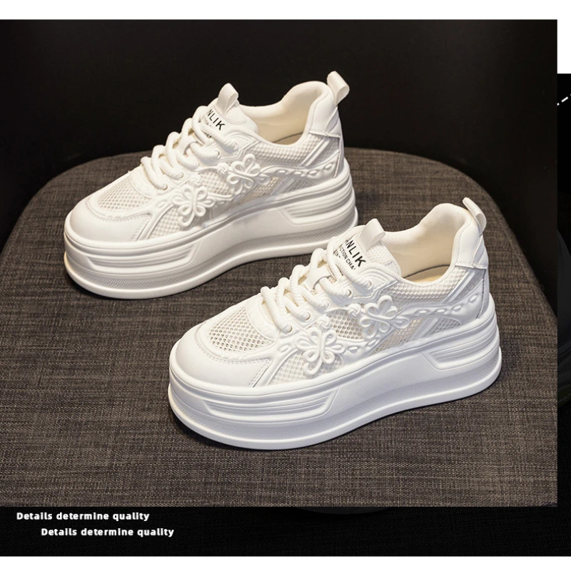Womens White Mesh Platform Sneakers Breathable Thick Sole Casual Shoes With Flower Embroidery Lightweight Non Slip For Summer Da