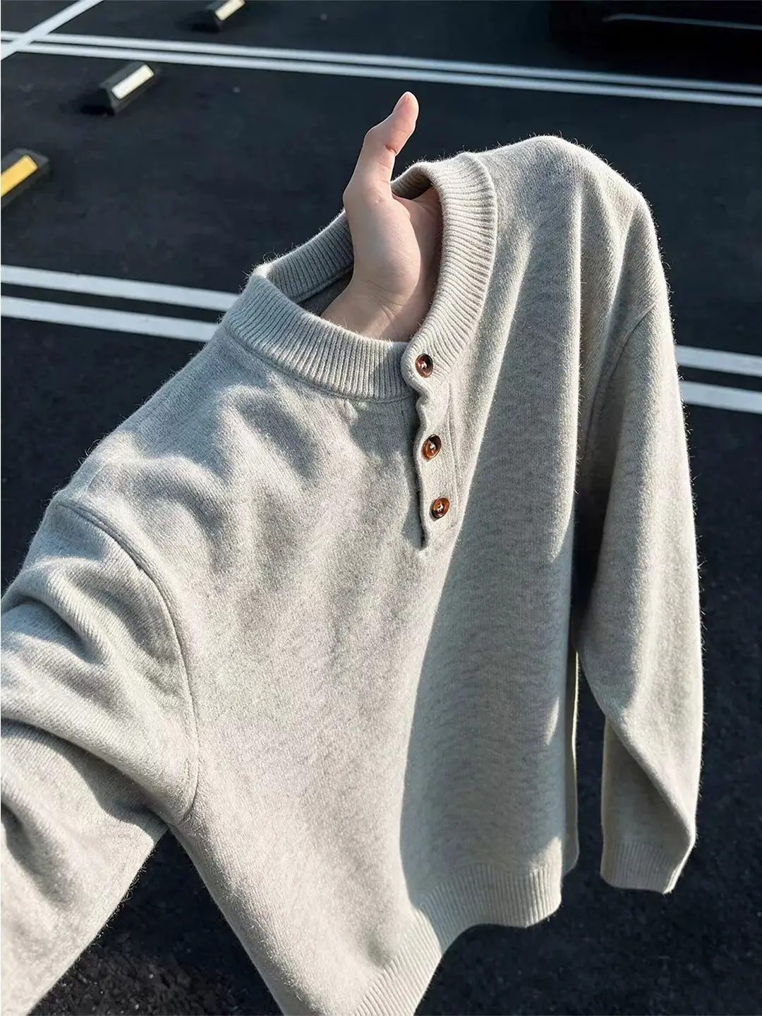 Cleanfit Heavyweight Floral Grey Henry Collar Knitted Sweater Men's Simple Autumn Winter High-End American Style Base Shirt