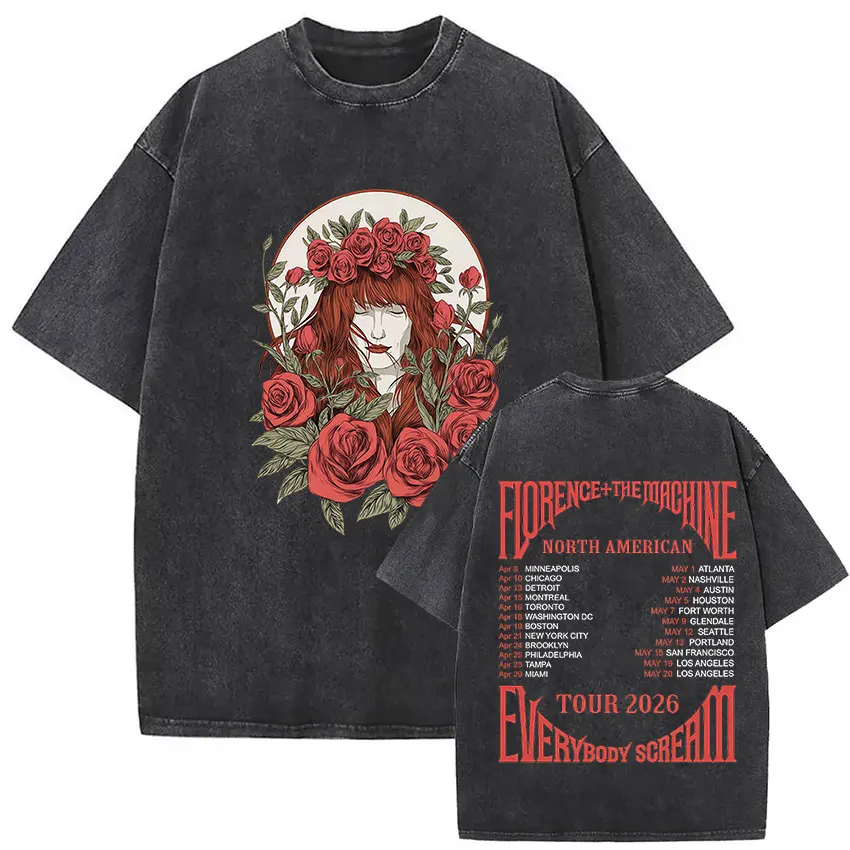 Vintage Washed Florence + The Machine Everybody Scream Tour 2026 T Shirt Men Women Aesthetic Oversized Cotton T-shirt Streetwear