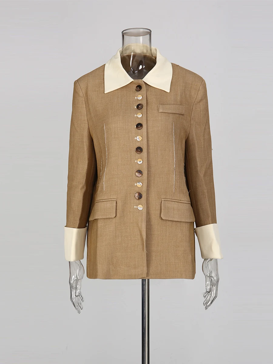 TWOTWINSTYLE سترات عتيقة ملونة مقسمة واحدة الصدر للنساء سترة نسائية جديدة بأكمام طويلة وطية صدر السترة #4