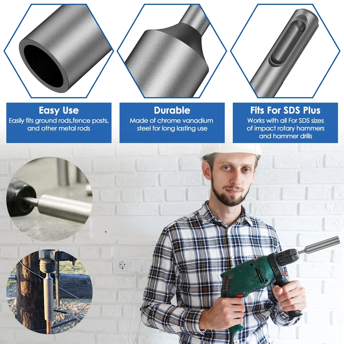 SDS Plus Ground Rod Driver Steel Drill Bit Driver Wear Resistant Rotary Hammer Drill Power Tools for 5/8Inch and 3/4Inch Bit