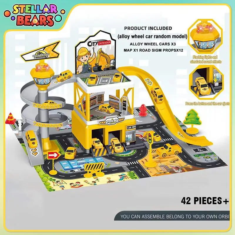 

Children's Engineering Rail Car Inertia Vehicle Toy DIY Assembled Track City Parking Lot with 3 Piece Alloy Race Cars Boys Toys