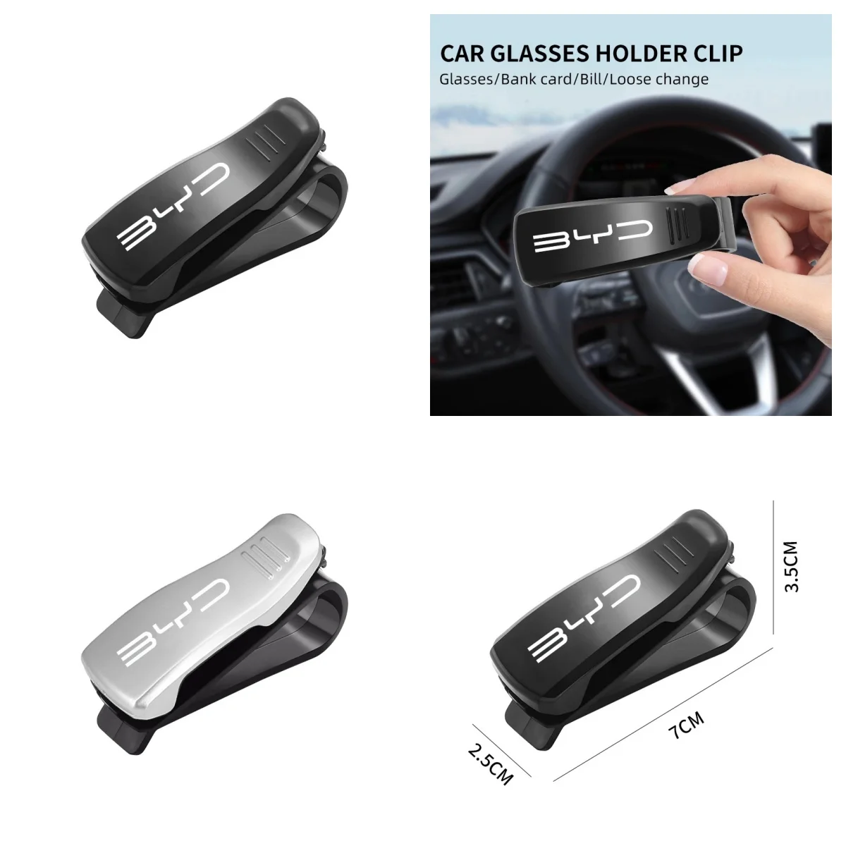 BYD Logo Sun‑Visor Mount Sunglasses Card Clip For BYD Atto3 Seal Han Tang Dolphin Song Yuan Multi‑Function Glasses Holder Auto I