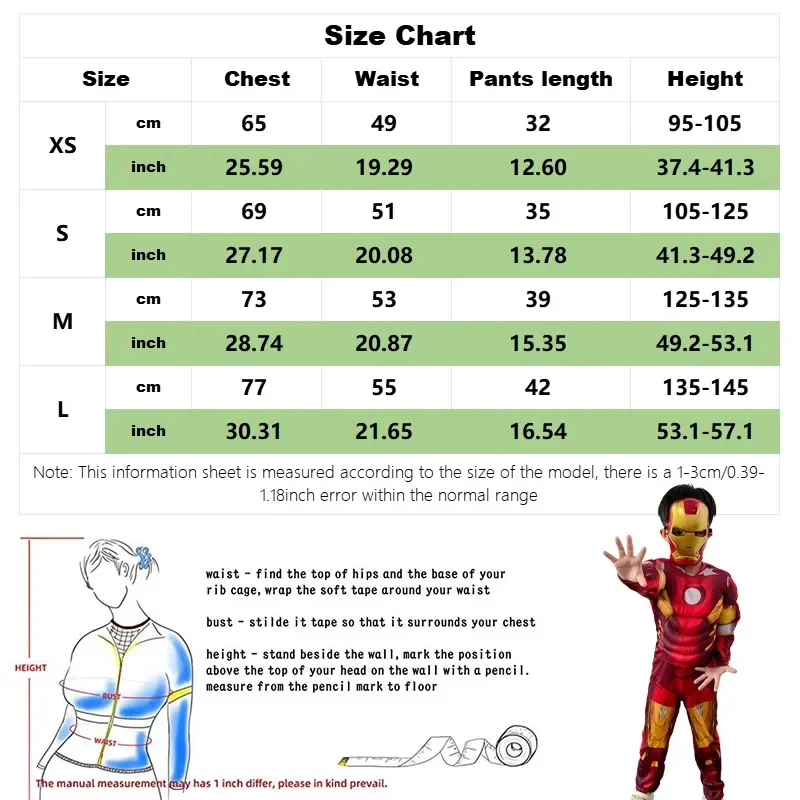 Childen Iron Man Muscle Costume for Kids Superhero Iron Man Cosplay Costume Jumpsuit Mask Gloves Suit Halloween Costume Child