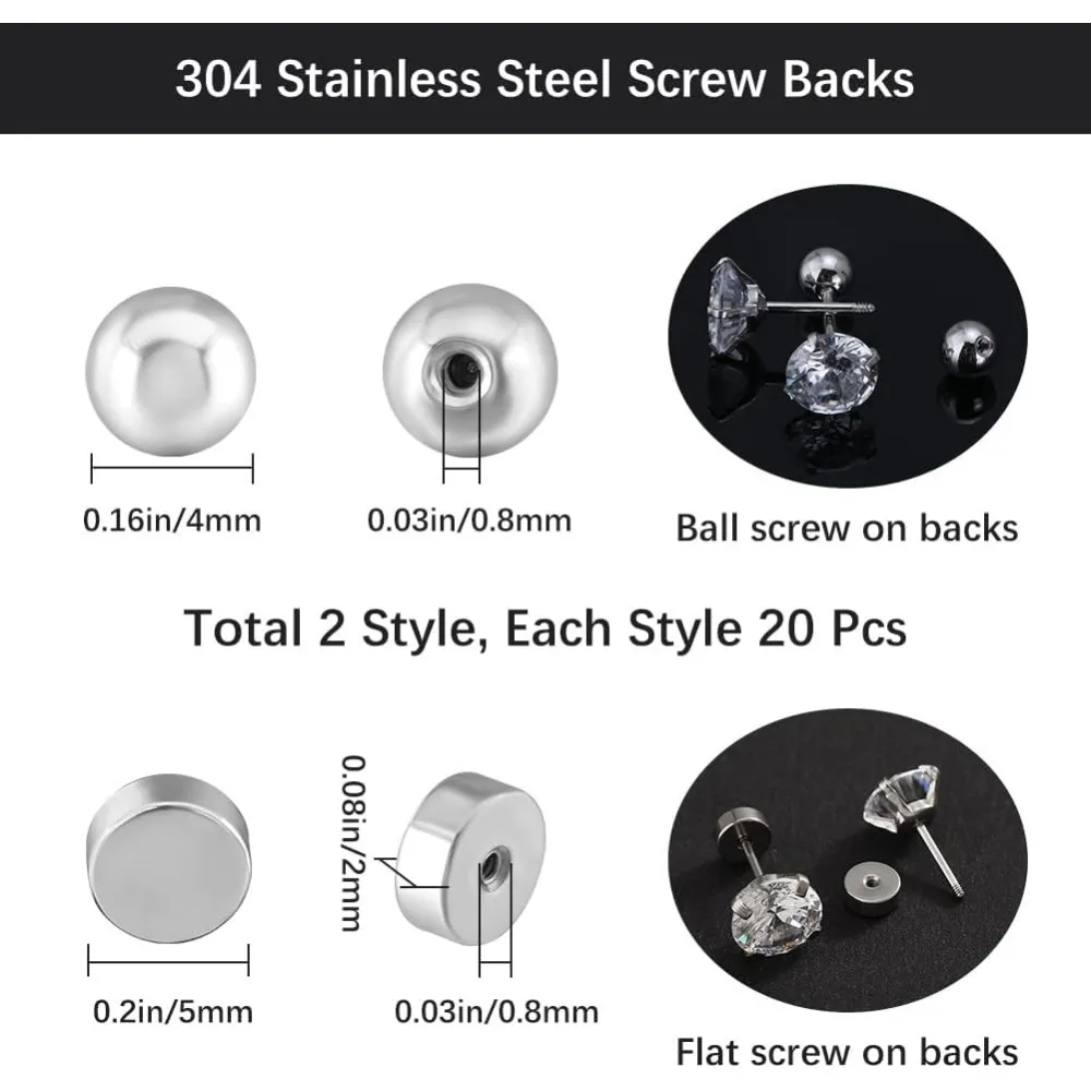 40Pcs Screw Ball Ear Backs Flat Round Ear Nuts Stainless Steel Earring Backings Replacement Stoppers for Earring Posts Stud kits