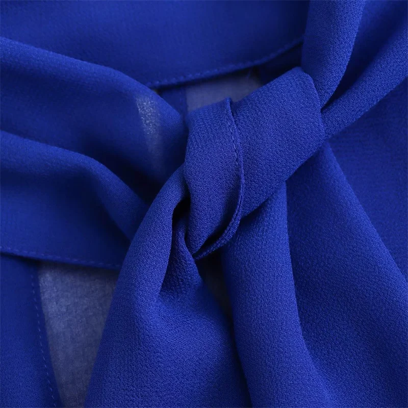 KEYANKETIAN New Launch Women\'s Tie Decoration Royal Blue Shirt Elegant Office Lady Petal Sleeve Chiffon Blouse Pullover Chemise