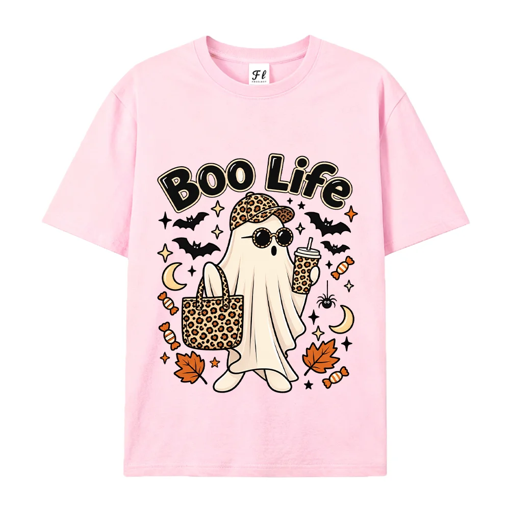 Women Boo Life Ghost T Shirt Spooky Cute Leopard Graphic Tees Vintage Halloween Short Sleeve Tops Oversized Casual Streetwear