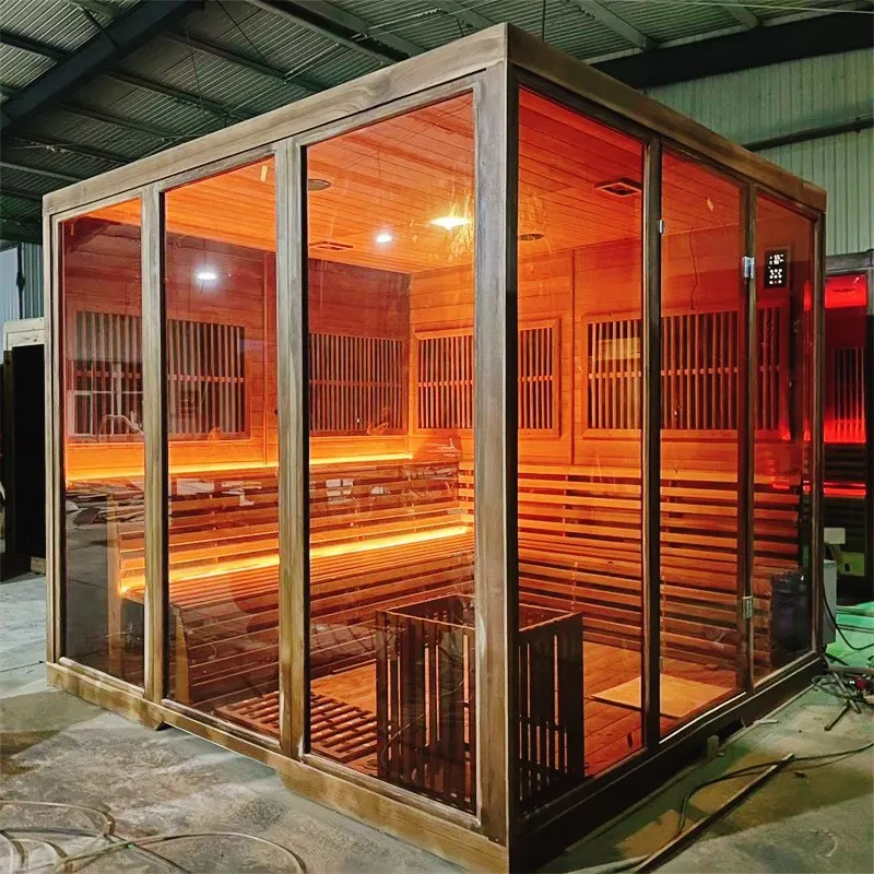 Custom 4-person Stove Wooden Cedar Cube Faceted Glass Sauna
