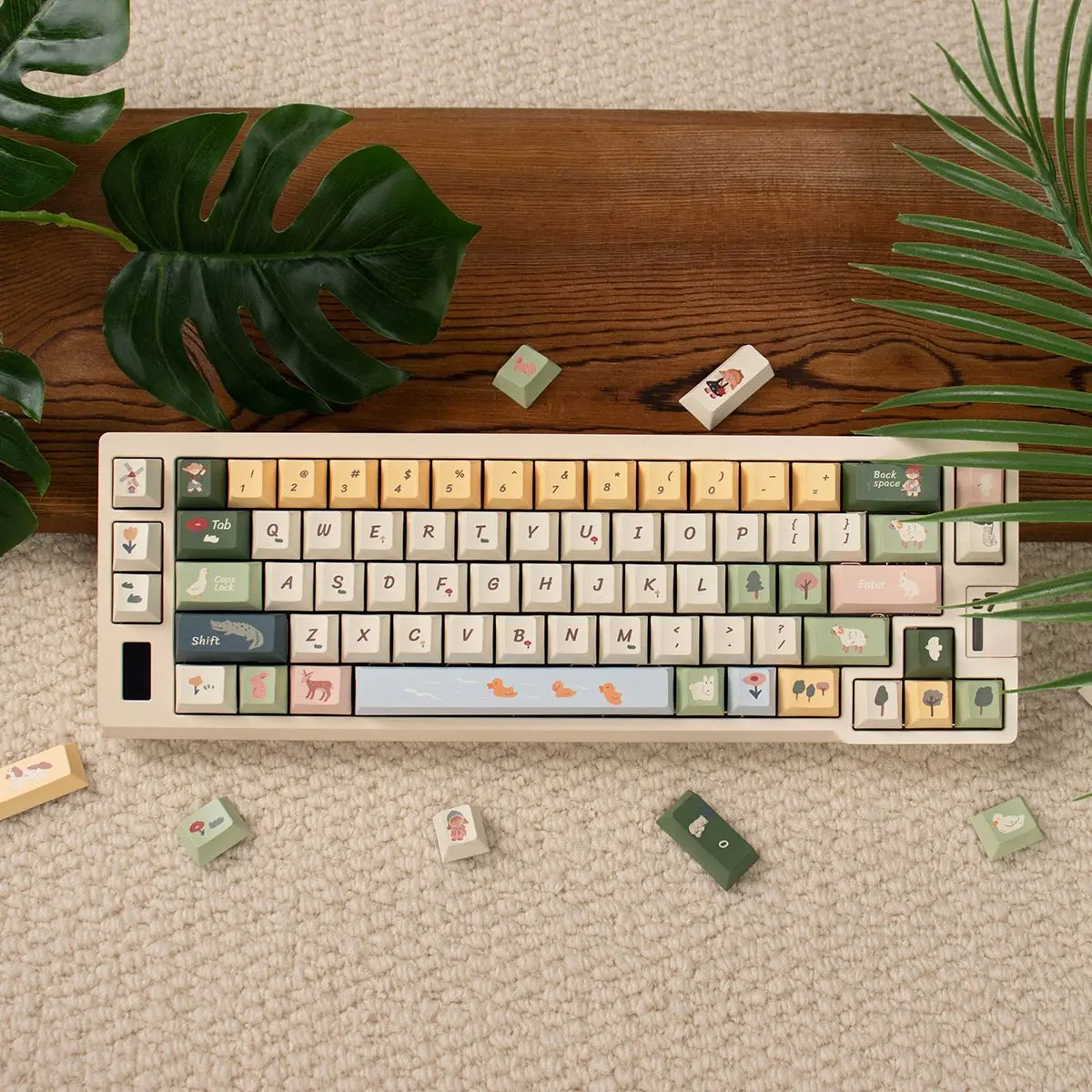 Spring Ranch Theme Keycaps PBT DyeSub  Green Yellow Farm Animal Cute Custom Replacement Keycap Set for Mechanical Keyboard