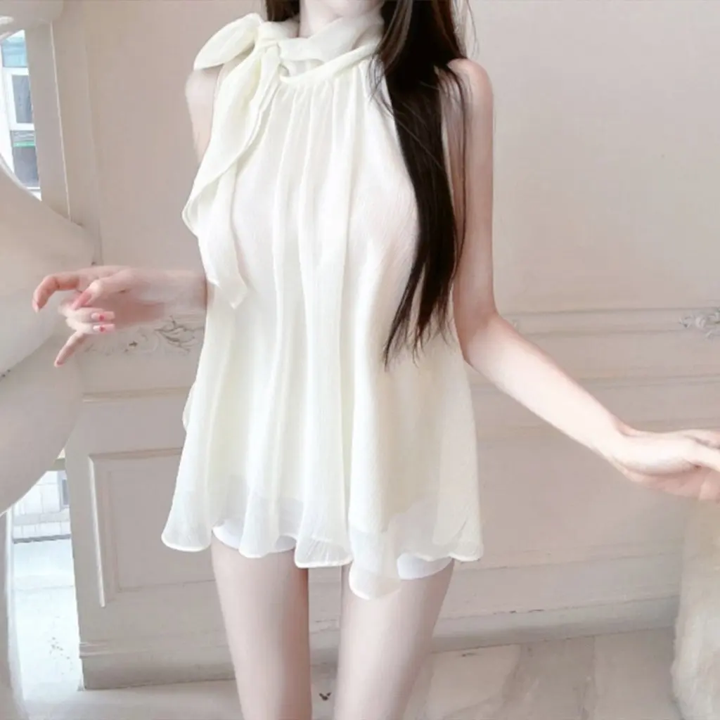 

Elegant Slimming Halter-Neck Chiffon T-Shirt Waist-Cinching Korean Style Spring Summer New Age-Reducing Pure Desire Women's Top