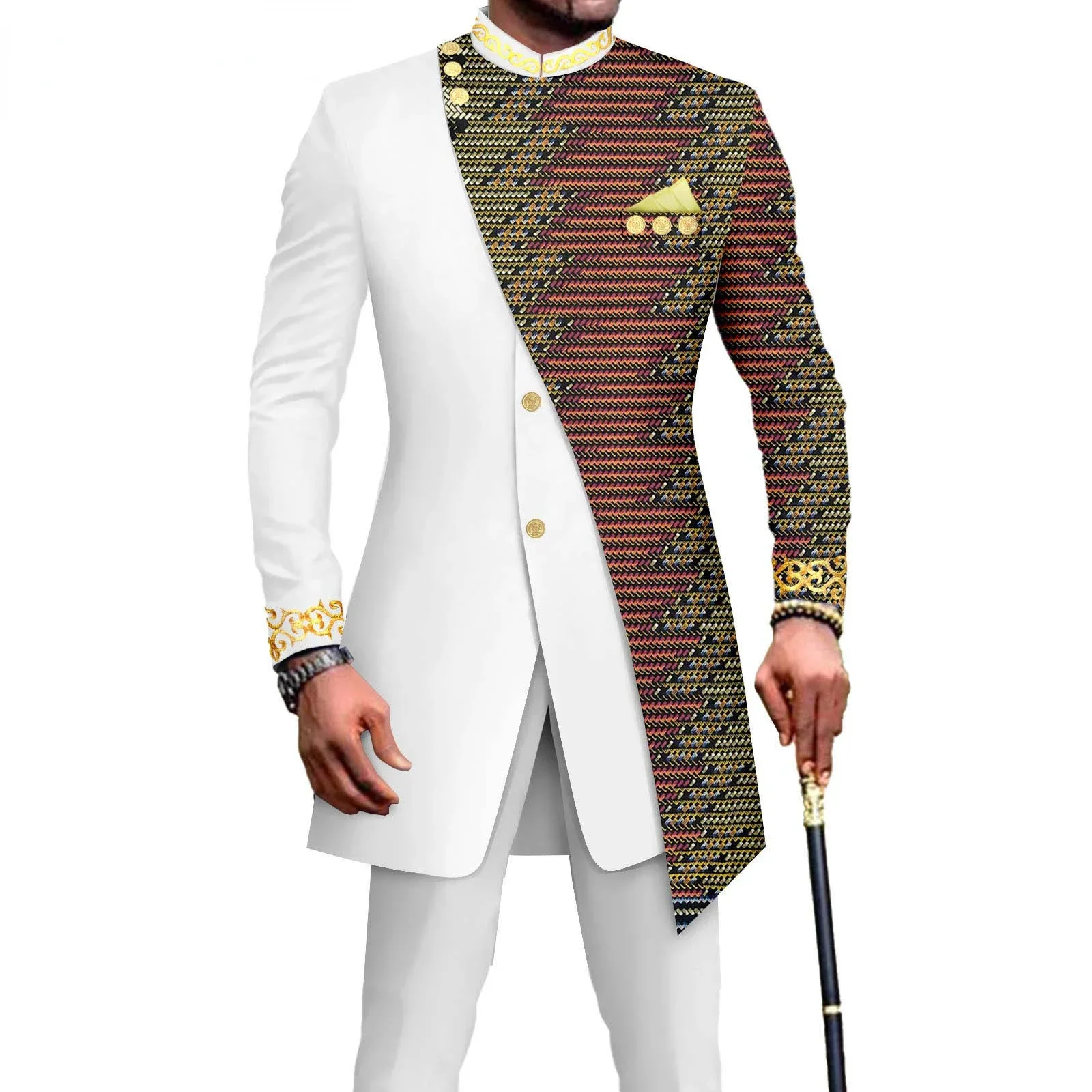 African Suits for Men Embroidery Print Blazer and Pants Set Business Dress Suit with Kerchief Party Wedding Evening A2316023