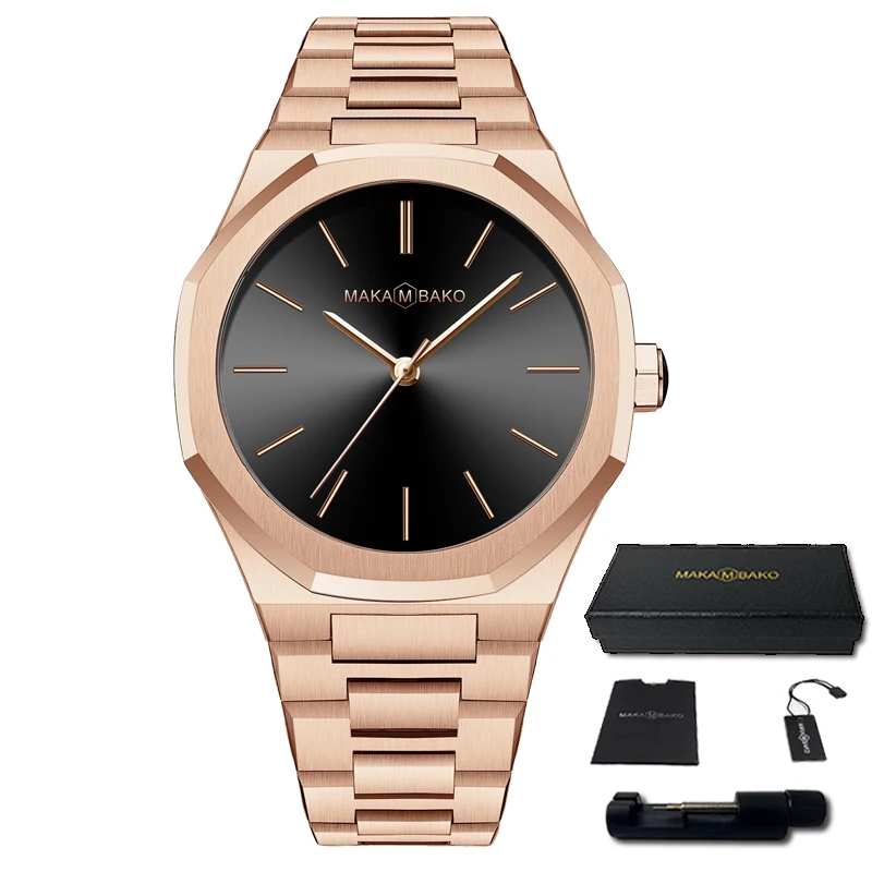 Top Brand Luxury Rose Gold Stainless Steel Band Business Watch  40mm Mens Fashion Black Wristwatch Waterproof Women Quartz Watch