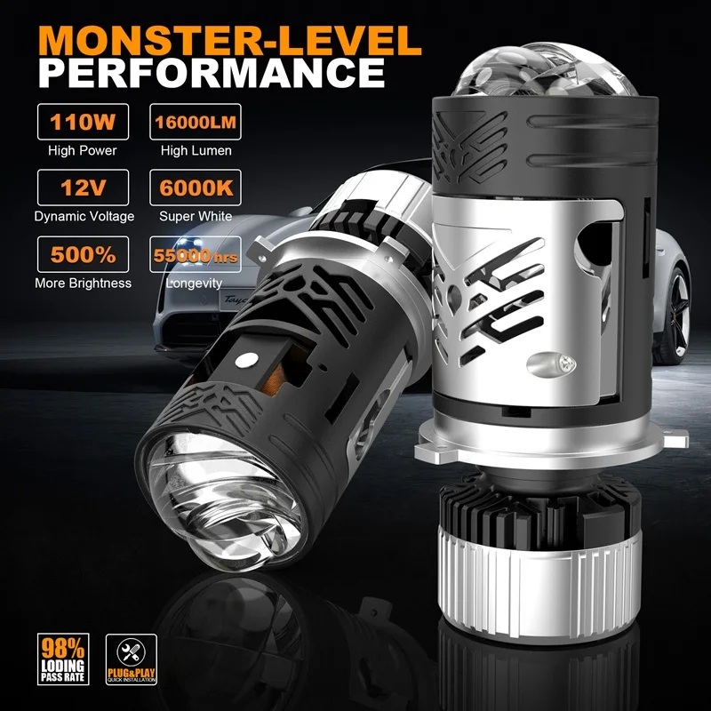 

2 шт. H4 гиперболоидный светодиодный объектив проектора 6000K автоматические фары турболампы Plug and Play 16000LM 110 Вт мотоциклетный фонарь 12 В