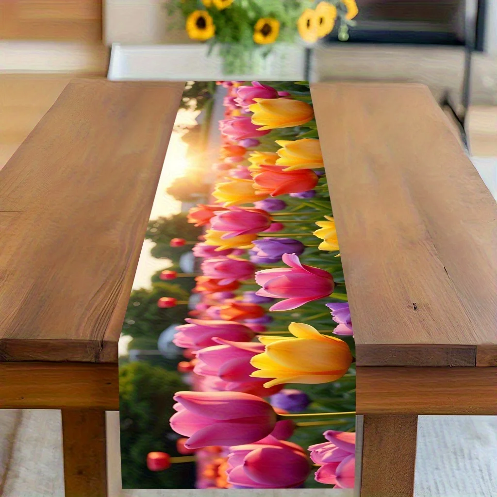 1 Piece Tulip Flower Sea Print Table Runner, Suitable for Farmhouse, Indoor, Kitchen, Celebrations, Table Decoration, Restaurant and Banquet Decoration Supplies