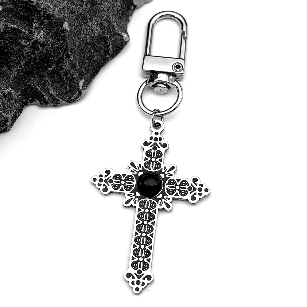 Fashion Cross Goth Female Keychain For Women Men Stainless Steel Silver Color Nature Stone Keyholder Jewelry Gifts