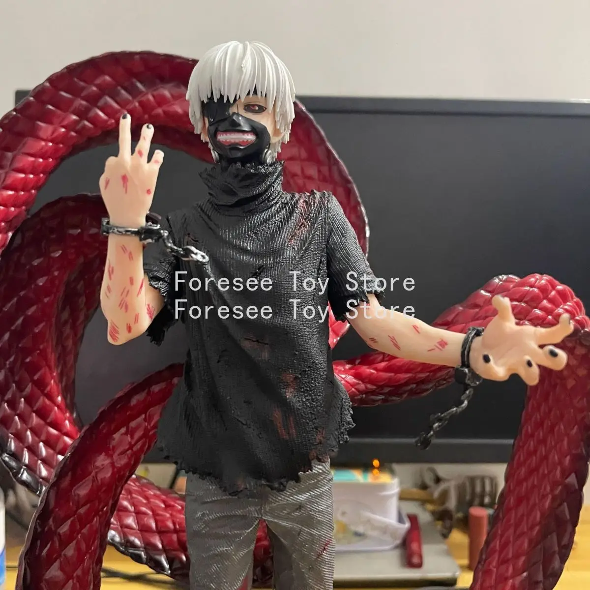 45 cm Kaneki Ken Figuur Tokyo Ghoul Wit Haar tweekoppige Sculptuur Anime Figuur Desktop Ornament Decoraties Beste Cadeaus voor Jongens