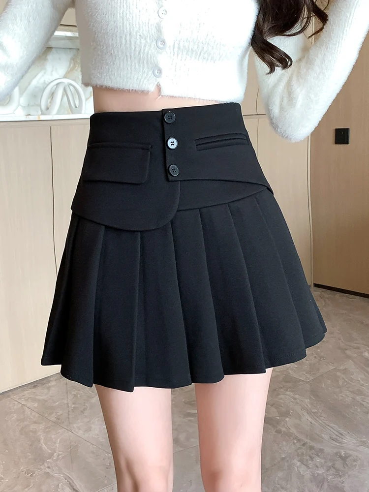 Black Chic Pleated Corduroy Skirts for Women High Waisted brown Fashion Solid Mini Skirts Autumn A Line Skirt 2024