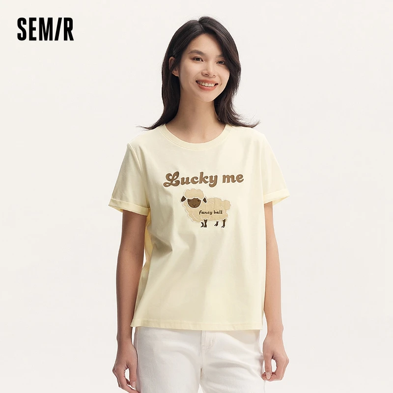 Semir Women T shirt Short-Sleeve Summer New Arrival Loose Casual Knit Fabric Sweet Top Breathable Short-Sleeve Tee