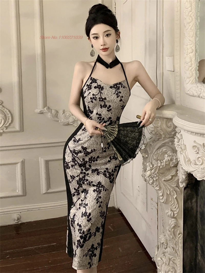 

2024 chinese sexy qipao vintage party dress flower print improved cheongsam nightclub bandage dress lady bodycon evening dress