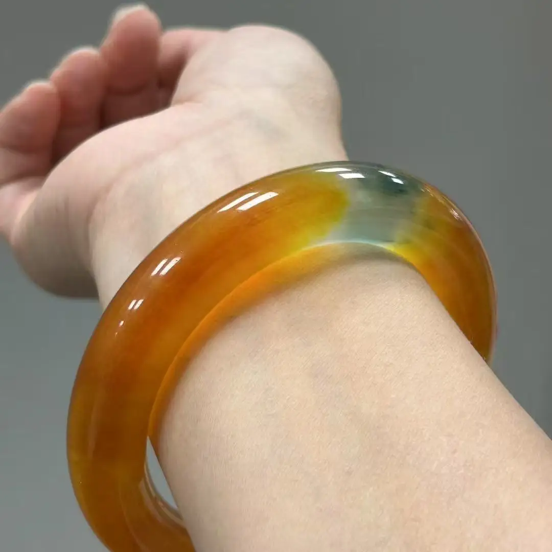 

Elegant Thick round Bar Ice Seed Jadeite Bangle with Floating Yellow & Dark Blue Flowers Fashion Handring Fine Jewelry