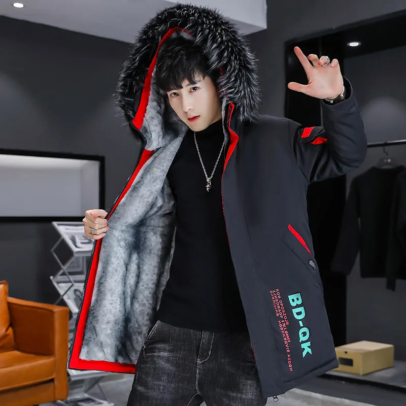 Fashion 2024 Autumn Winter Men\'s Warm Hooded Fleece Jacket Streetwear Loose Thicken Mid-Length Plush Coat Youth Windproof Parkas