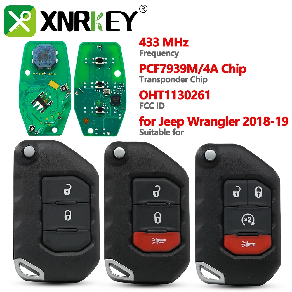 

XNRKEY 2/3/4 Button Flip Remote Fob 433MHz 7939M HITAG AES 4A Chip For Jeep Wrangler Folding Key 2018-2019 FCCID: OHT1130261