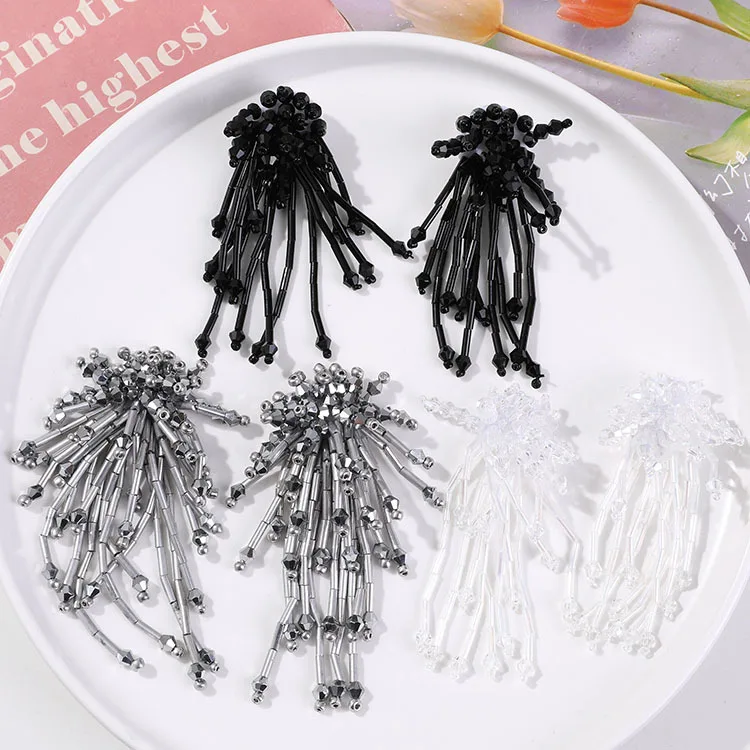 2pcs Temperament solid color long fireworks tassel flower diy hand-woven beaded hairpin hair accessories earrings materials