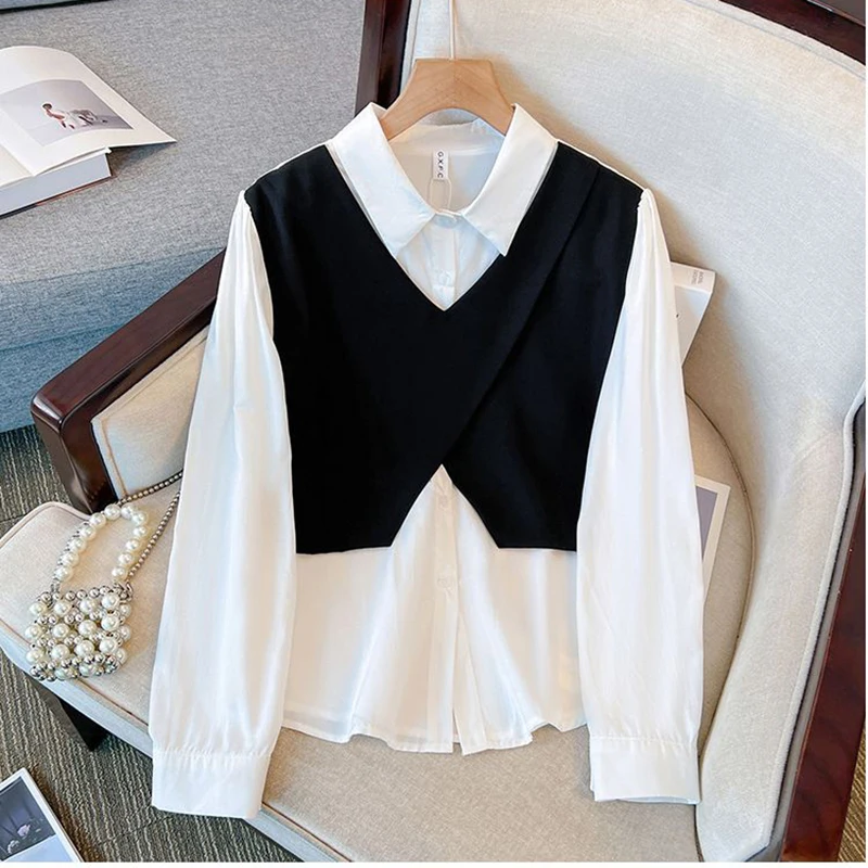 Gidyq Women Fake Two Pieces Shirts Elegant Female Chic Loose Long Sleeve Vest Tops Casual All Match Patchwork Blouse Spring New