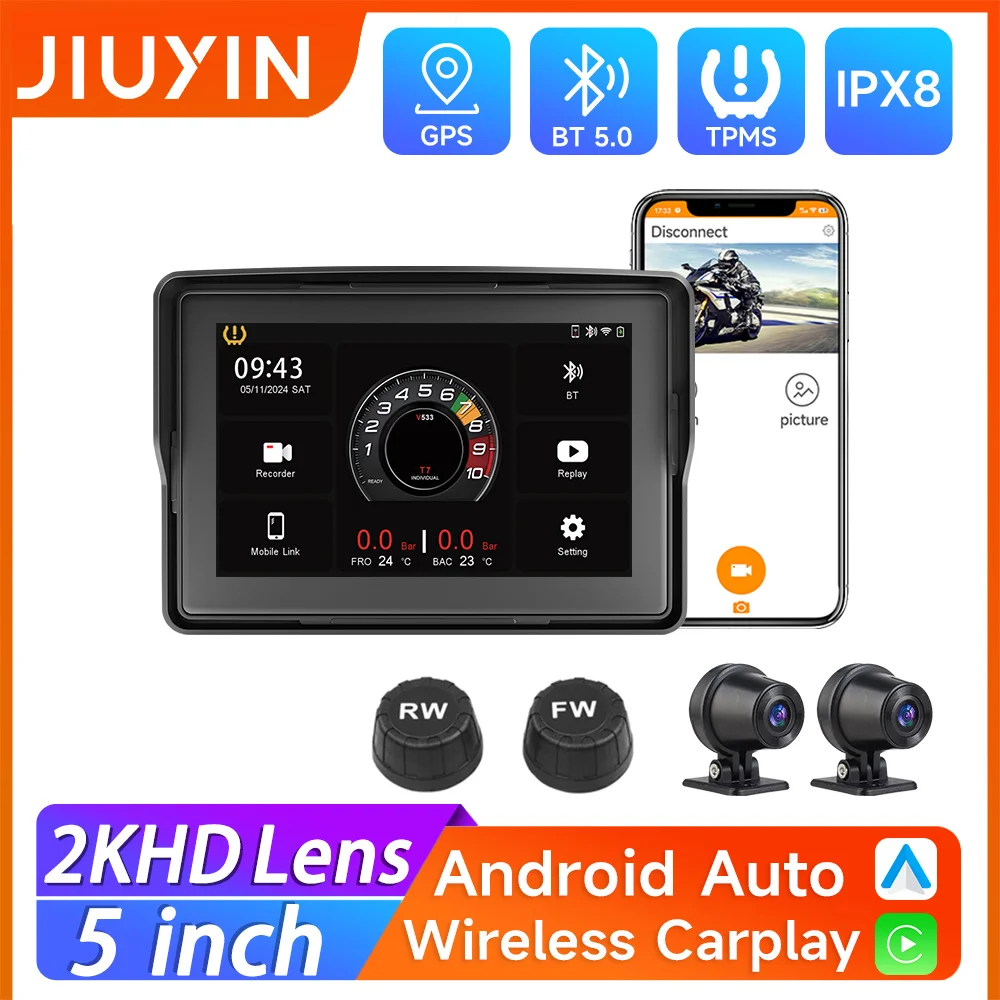 Motorcycle GPS Navigation Wireless CarPlay Android Auto Multimedia Player 2K HD Recorder IP67 Waterproof Screen Dual Bluetooth