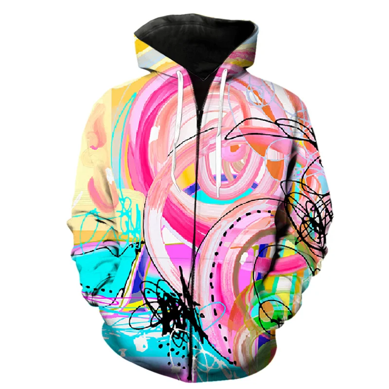 Abstract 3D Printed Art Graffiti Zipper Hoodie For Men Spring Hip Hop Teens Long Sleeve Tops Streetwear Harajuku Sweatshirts