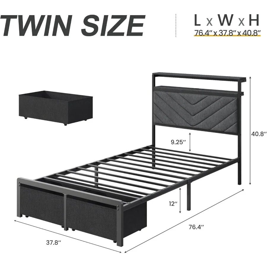 Grey Platform Bed Frame with Upholstered Headboard Twin Size Bed with Built-in Charging Station and LED Lights 2 Storage Drawer