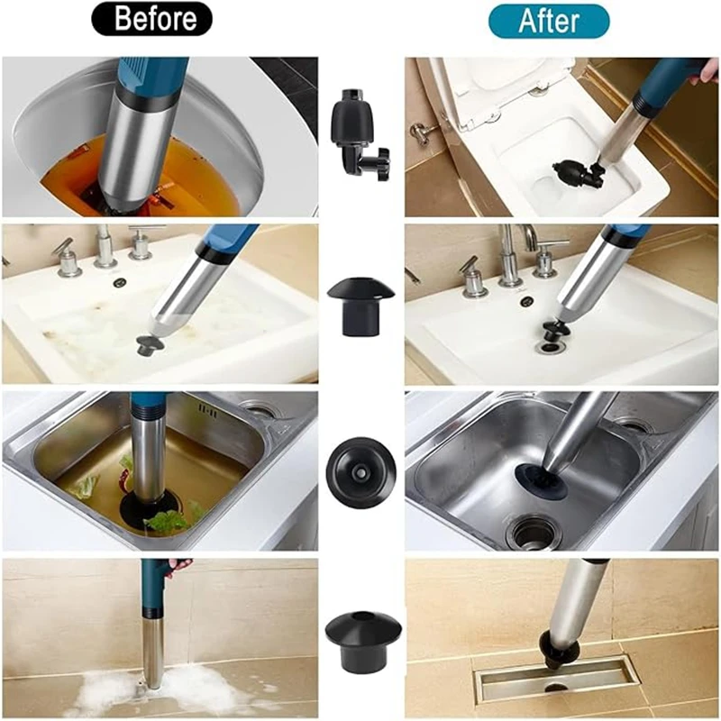 Powerful Toilet Plunger Stainless Steel Pipe Dredger Unblocker Pneumatic High-pressure Dredging Air Drain Blaster Tool Set