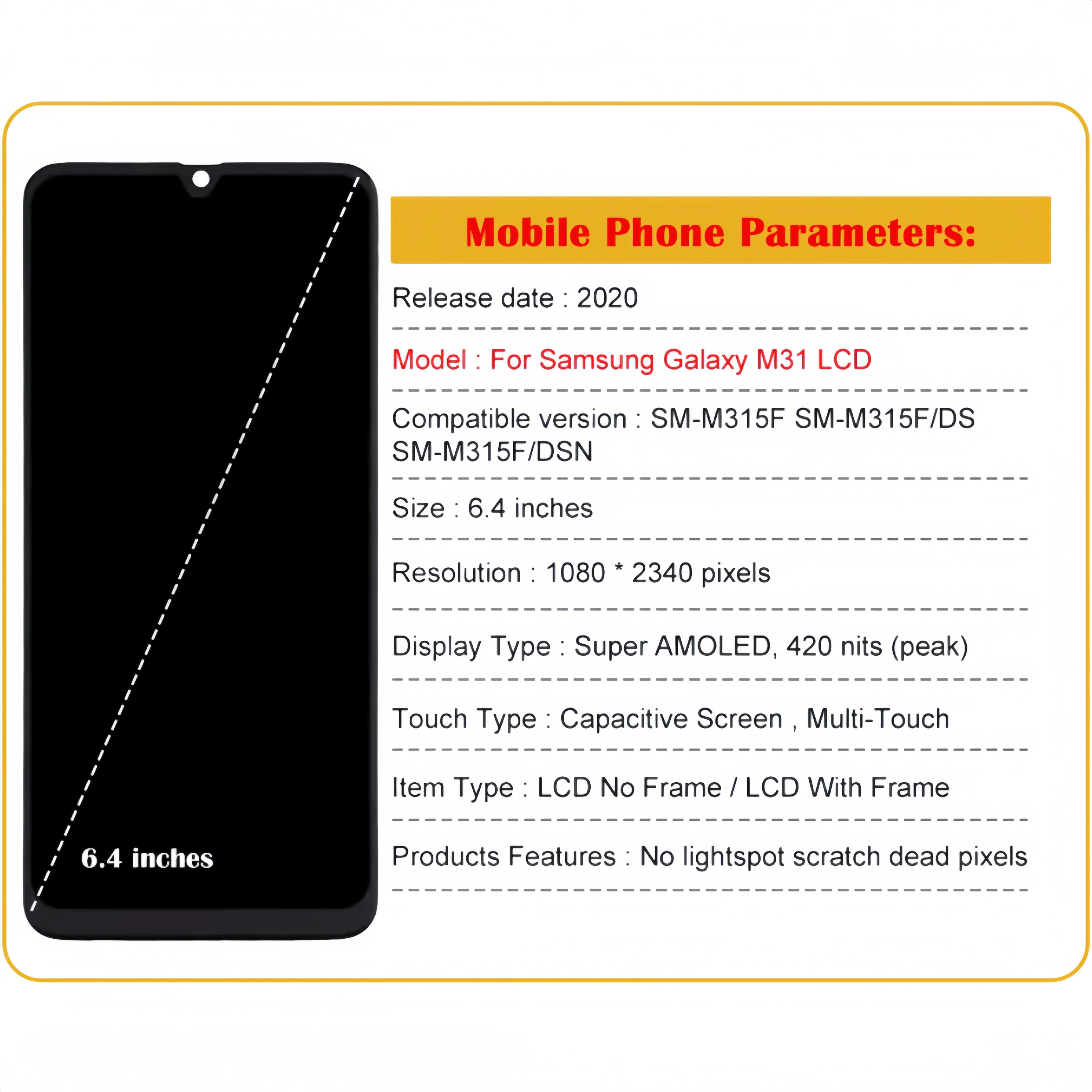 LCD Display Touch Screen Digitizer Assembly Replacement, Samsung Galaxy M31, M315, SM-M315F, M315F, DS, M315F, DSN