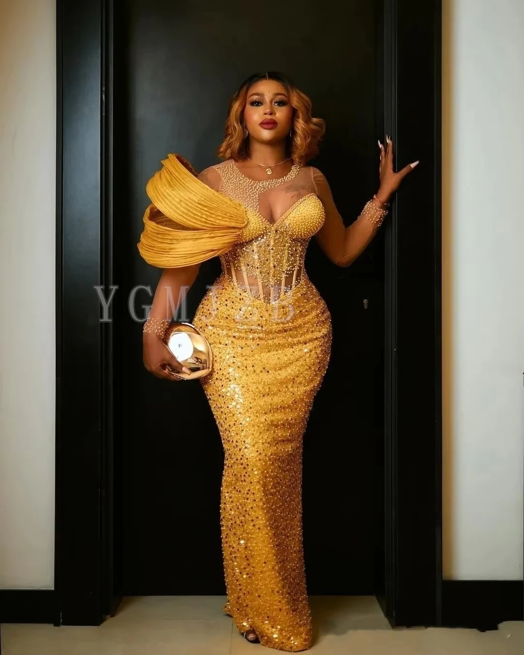 

Aso Ebi Gold Evening Dresses Mermaid Off Shoulder Beaded Lace Illusion Corset Birthday Dress Luxury African Formal Prom Gowns