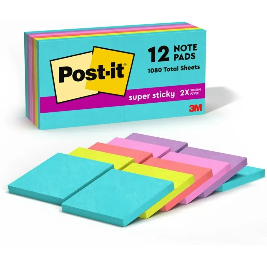 Super Sticky Notes 3x3 in 12 Pad 2X The Sticking Power Supernova Neons Colori vivaci riciclabili per l'ufficio e l'uso domestico Miglioratore