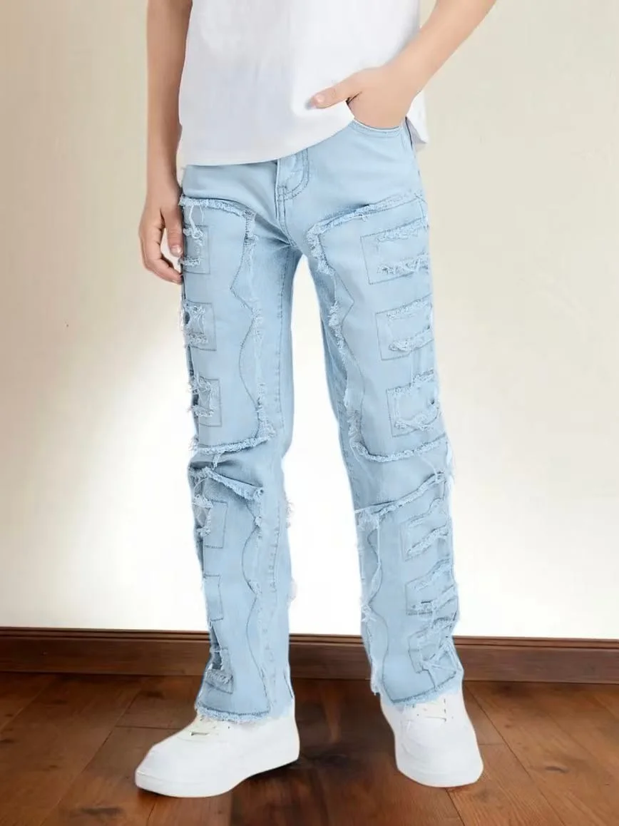Slim Fit Jeans Men Sky Blue Patched Fringe Detail Jeans Versatile Mid Waist All Season Pants Urban Casual Matching Daily Trousers
