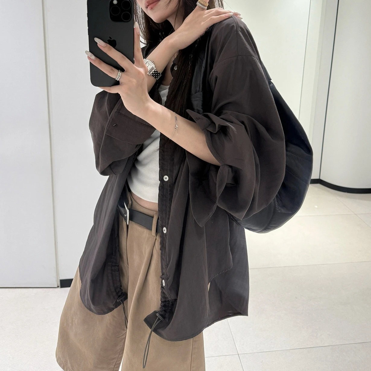 Women Solid Shirt Basic Drawstring Tops Long Sleeves Turn Down Collar Single Breasted Thin Loose Office Lady Casual 2026 Spring