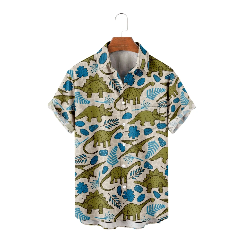 Hawaiian Shirts for Men Cartoon Dinosaurs Print Stripes Short Sleeve Blue Shirts Cool Summer Tops Vintage Breathable