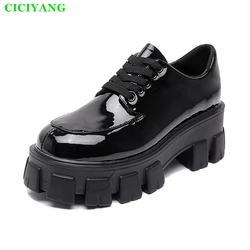 CICIYANG Women's Loafers Cowhide Lace-up Oxford Shoes 2024 New Ladies Spring Shoes Chunky Platform Fashion British Style Black