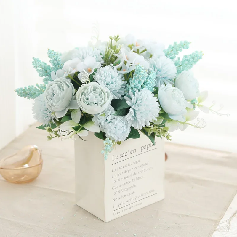 

High Quality Artificial Flowers Silk Peony Roses Faux Hydrangeas Fake Flowers for Wedding Party Vacation Home Table Decoration D