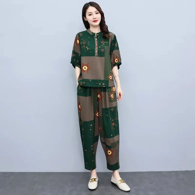 Middle Aged Mother Summer Suits 2023 New Fashion Age Reducing Harun Pants Cotton Hemp Set Short Sleeve Top Two Piece Set Female