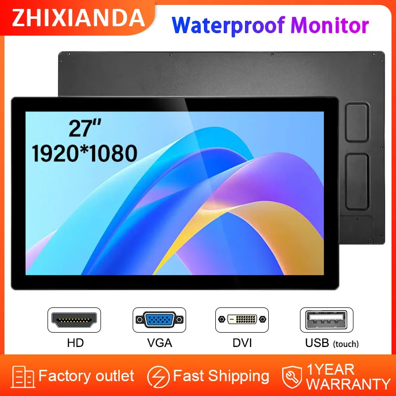 ZHIXIANDA Industry Waterproof 27 inch LCD Touch Screen Display 1920*1080 Metal Case Flat Screen Monitor with HD VGA DVI USB