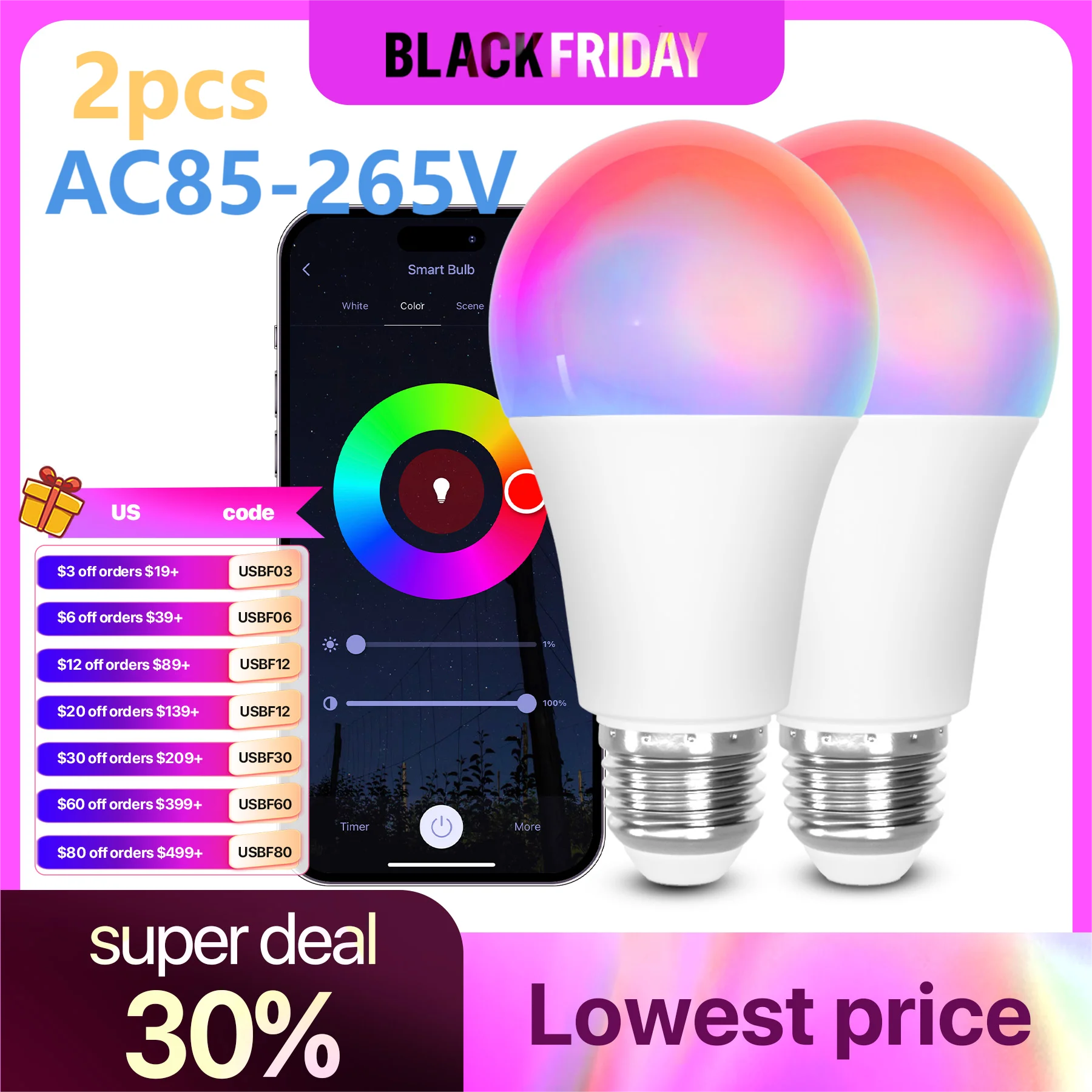 Smart Light Bulb 110V 220V 9W E26 WiFi BLE Work with Alexa Google Home Compatible LED Light Bulb RGBCW 2700-6500K Color Changing