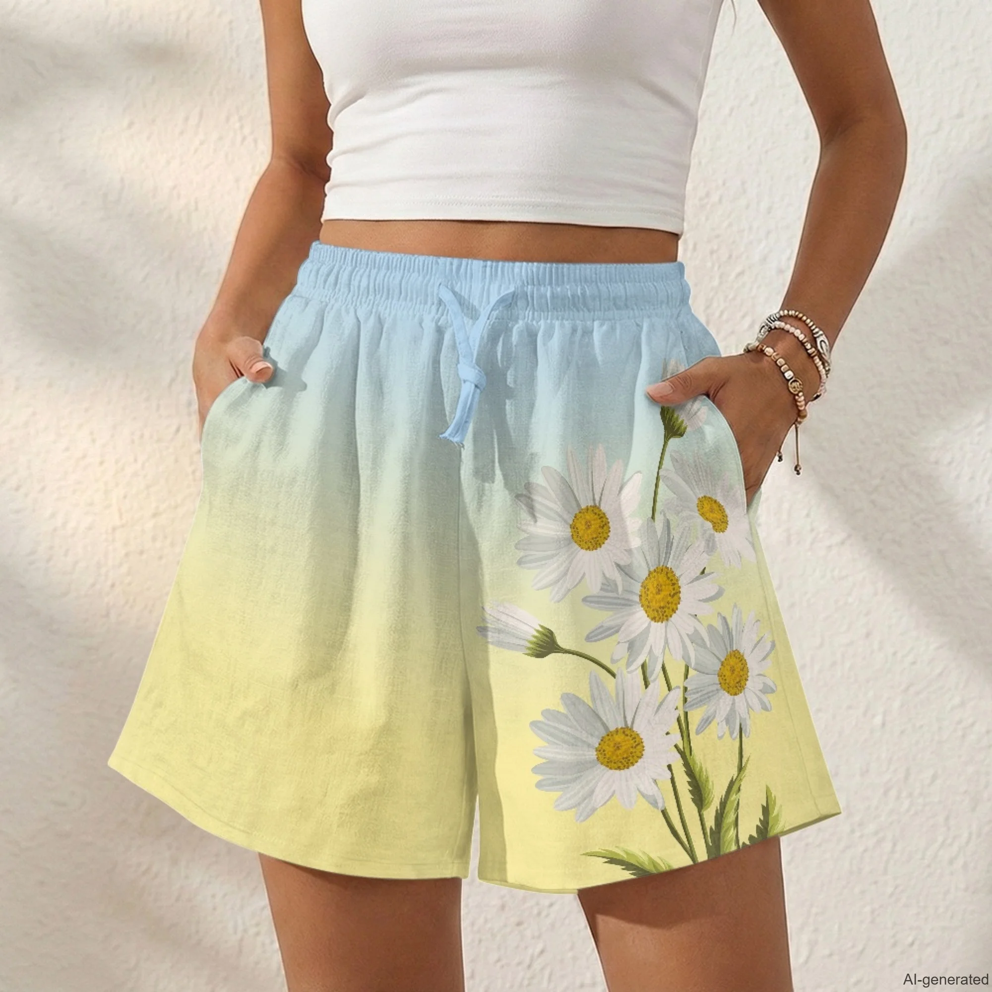 XIXIRIMIDO 2026 Summer Women's Casual Linen Shorts with Pockets Gradient Print Wide-legged Drawstring Beach Vacation Clothes