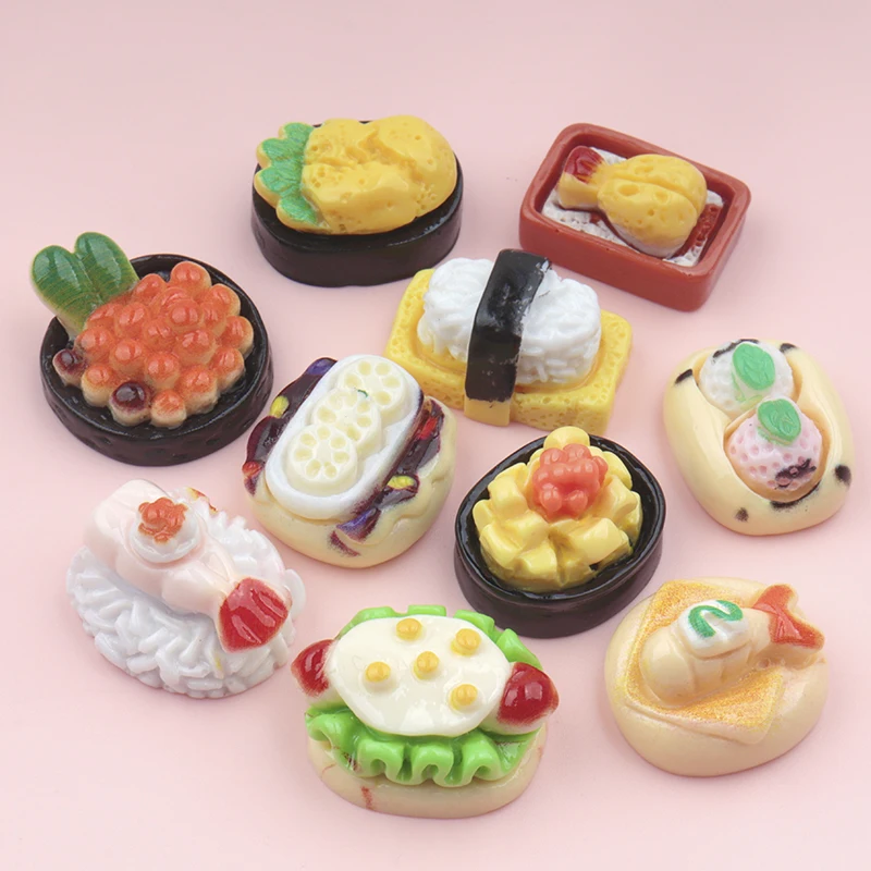 10/100Pcs Miniature Resin Sushi Lunch Cabochons Scrapbooking Phone Decoration Crafts DIY Jewelry Making Dollhouse Accessories