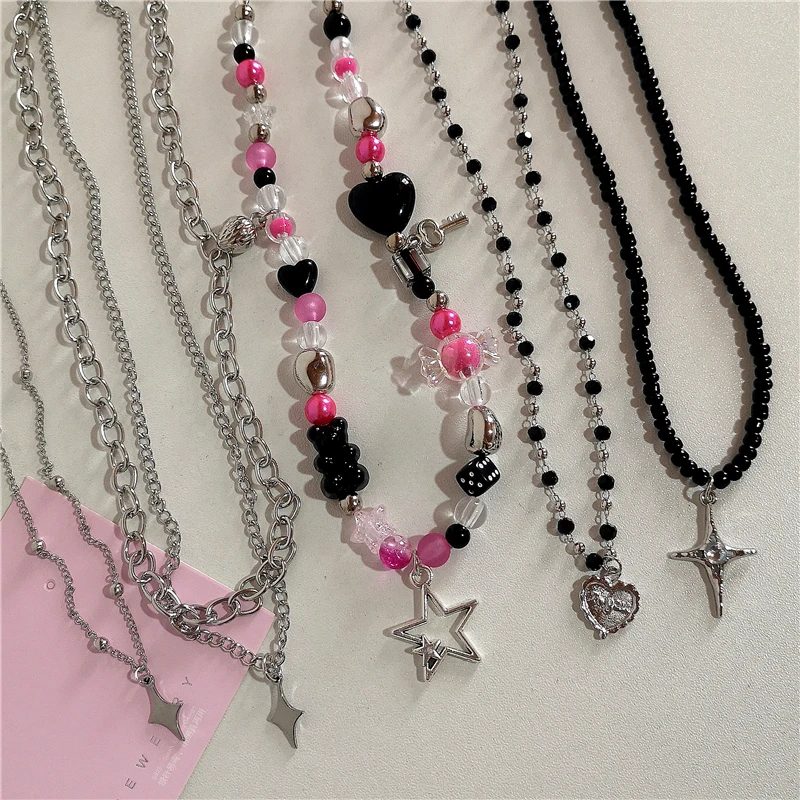 Kpop Goth Vintage Y2K Star Cross Pendant Pink Beaded Silver Color Chain Necklace For Women Aesthetic Grunge EMO Jewely Accessory